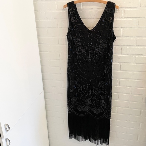 Suzy Shier Formal Dress Swing Art deco Great Gatsby Sequin Fringes Black Sz XL - Picture 3 of 15